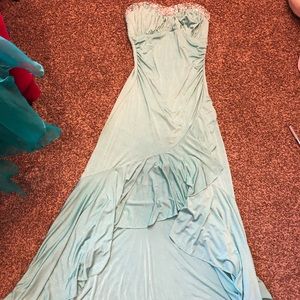 Strapless sparkly mint green prom dress